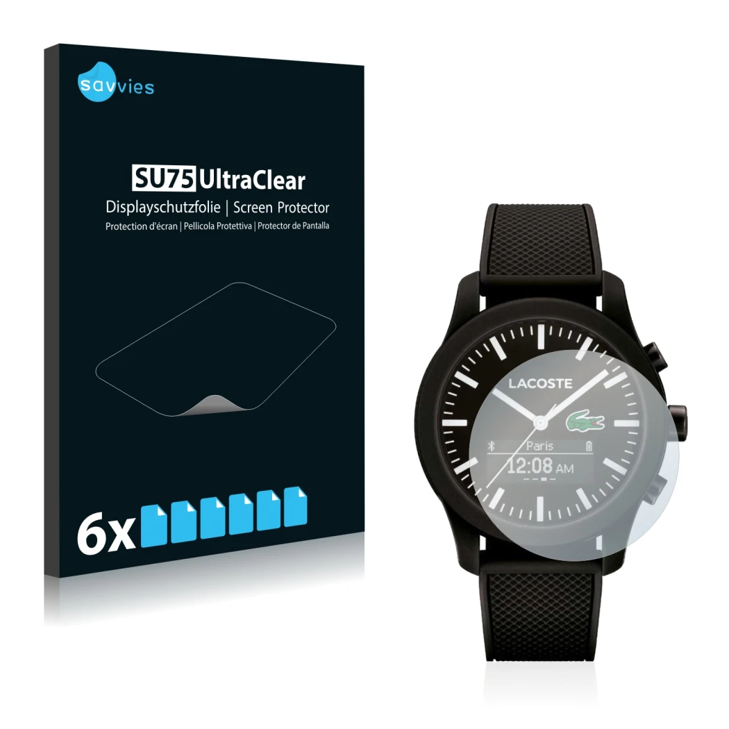 Front side of a product packaging with the brand logo Savvies. Next to it is the device Lacoste 12.12 Contact shown with the c