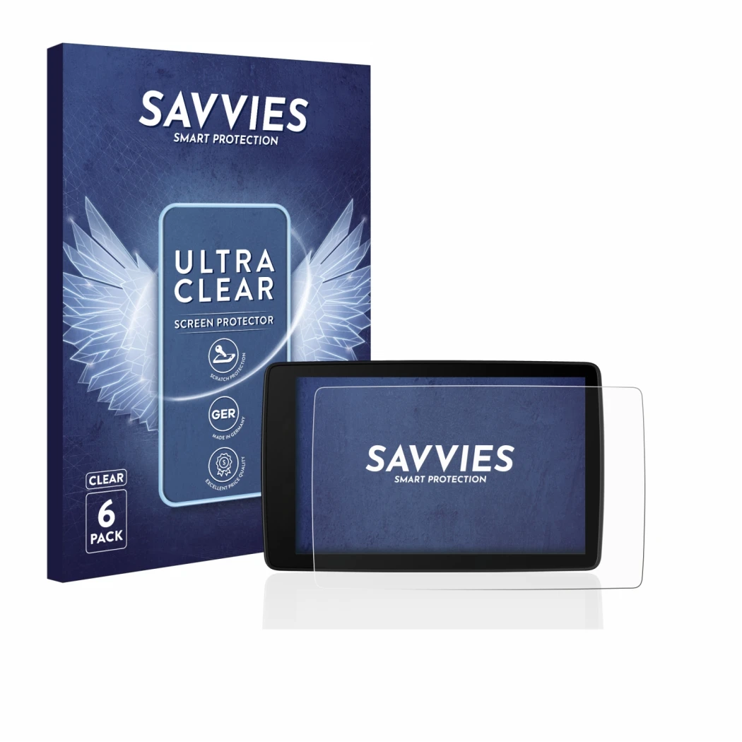 Front side of a product packaging with the brand logo Savvies. Next to it is the device BMW Motorrad Navigator VI shown with t
