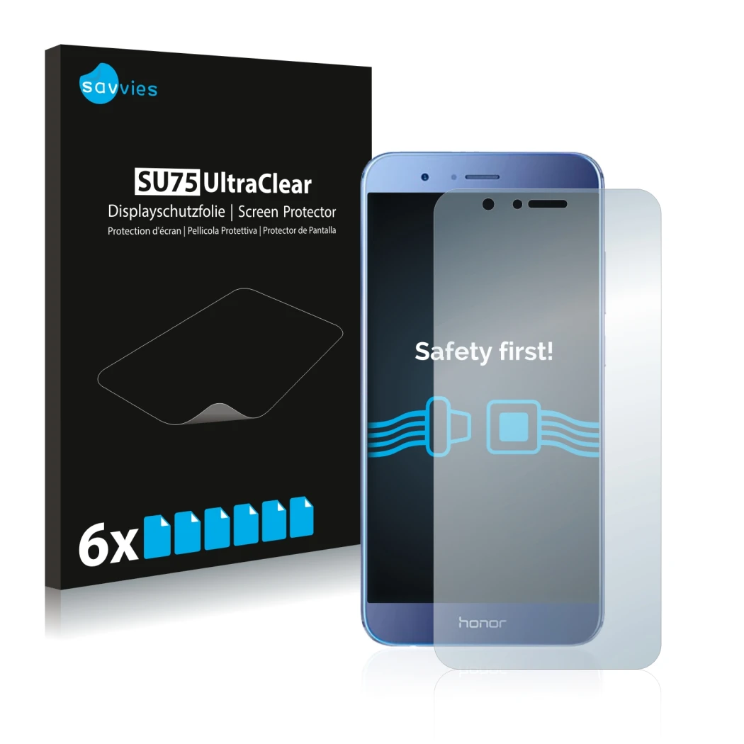 Front side of a product packaging with the brand logo Savvies. Next to it is the device Honor 8 Pro shown with the correspondi