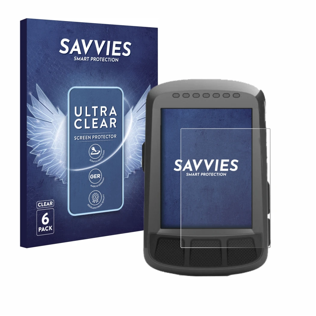 Front side of a product packaging with the brand logo Savvies. Next to it is the device Wahoo Elemnt Bolt GPS shown with the c