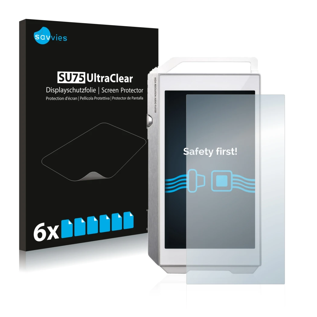 Front side of a product packaging with the brand logo Savvies. Next to it is the device Pioneer XDP-100R shown with the corres
