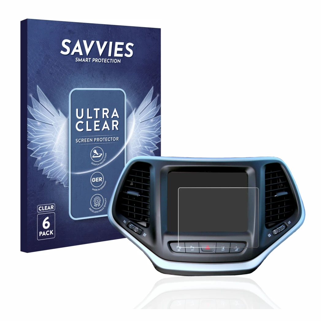 Front side of a product packaging with the brand logo Savvies. Next to it is the device Jeep Cherokee Uconnect 8.4