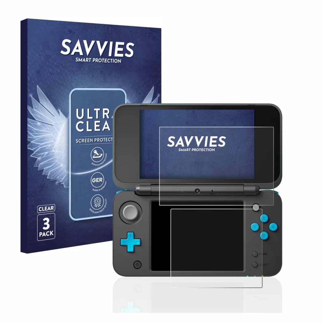 Front side of a product packaging with the brand logo Savvies. Next to it is the device Nintendo 2DS XL shown with the corresp