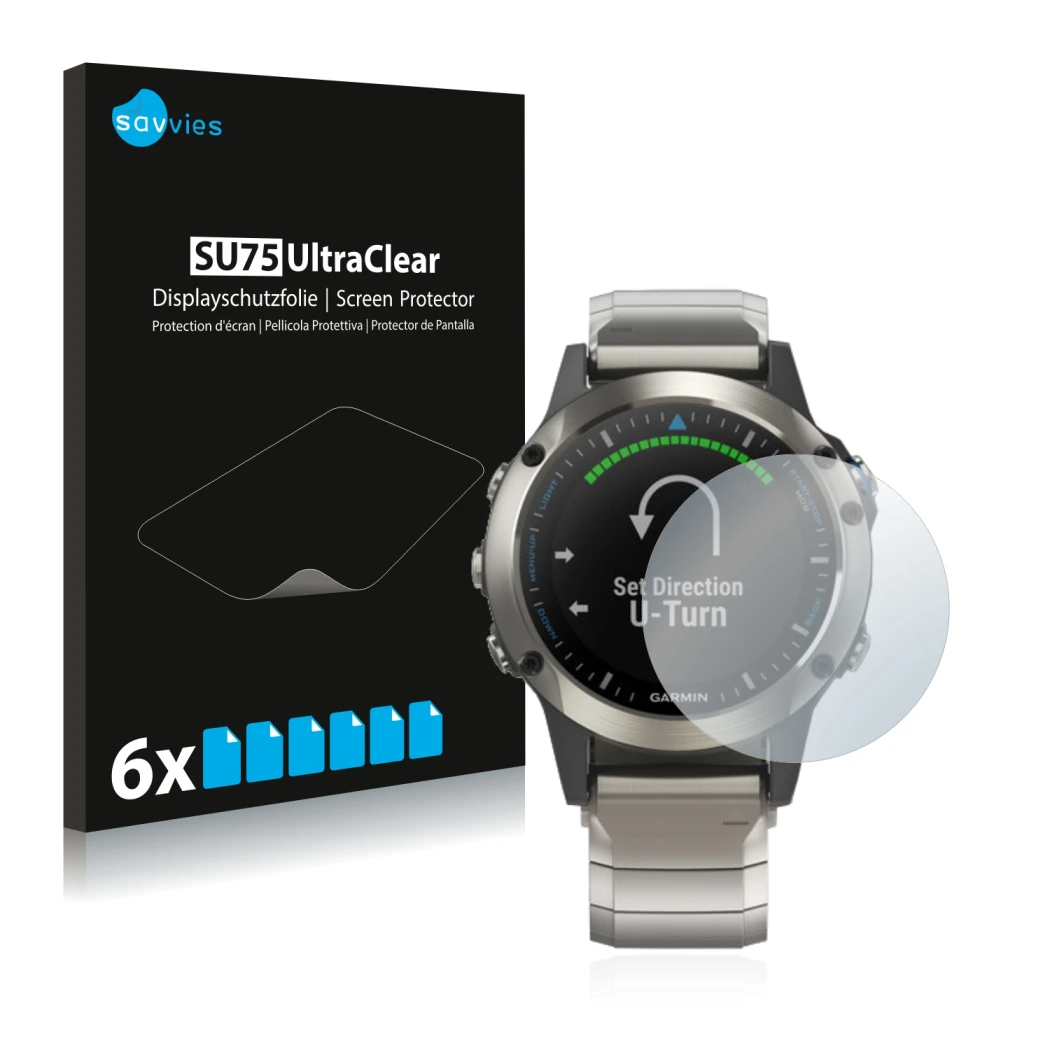 Front side of a product packaging with the brand logo Savvies. Next to it is the device Garmin quatix 5 shown with the corresp