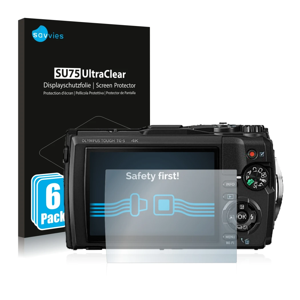Front side of a product packaging with the brand logo Savvies. Next to it is the device Olympus Tough TG-5 shown with the corr