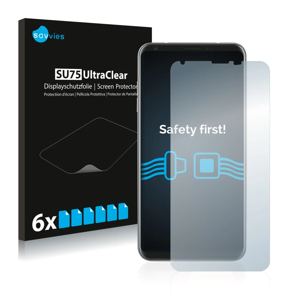 Front side of a product packaging with the brand logo Savvies. Next to it is the device LG V30 shown with the corresponding sc