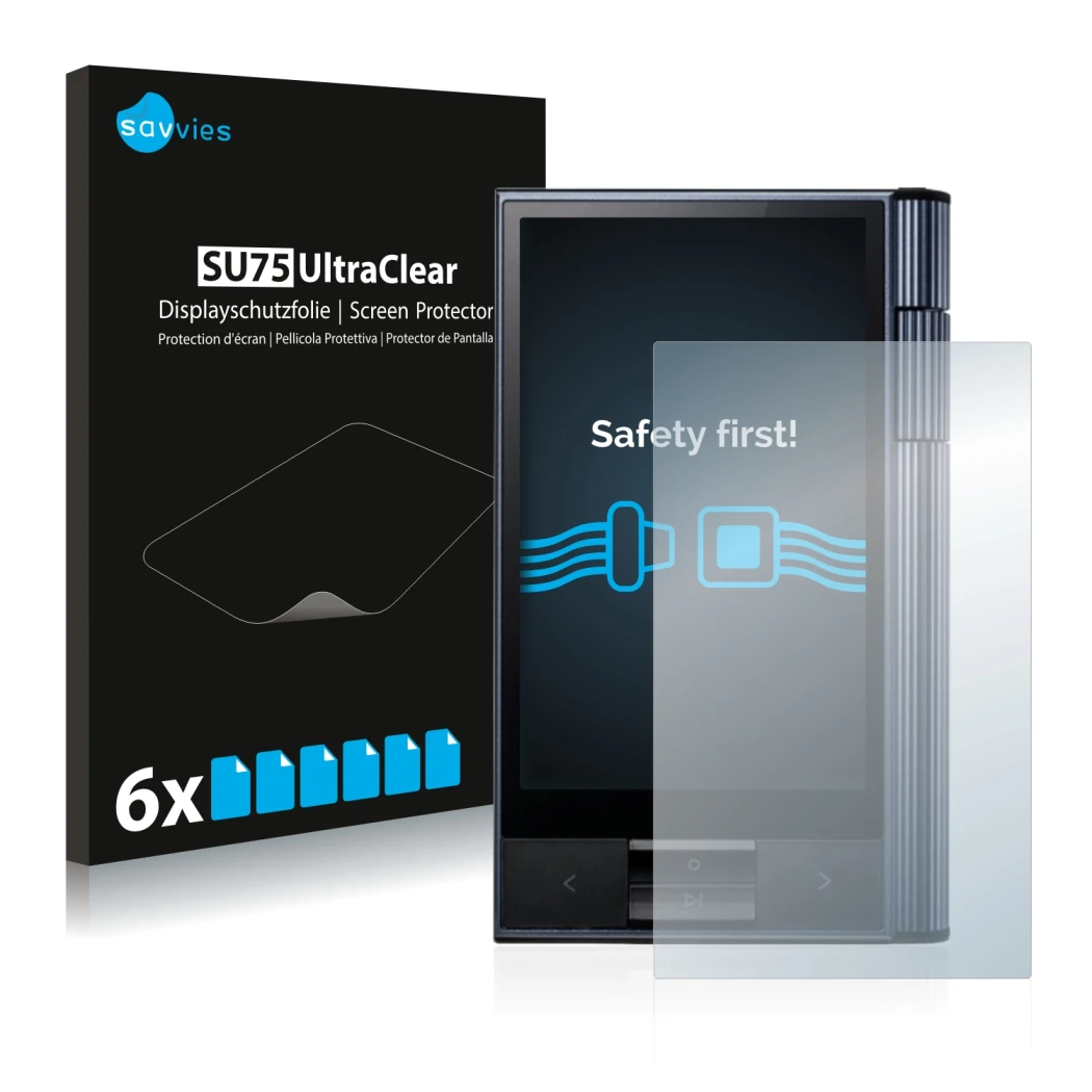 Front side of a product packaging with the brand logo Savvies. Next to it is the device Astell&Kern AK KANN shown with the cor