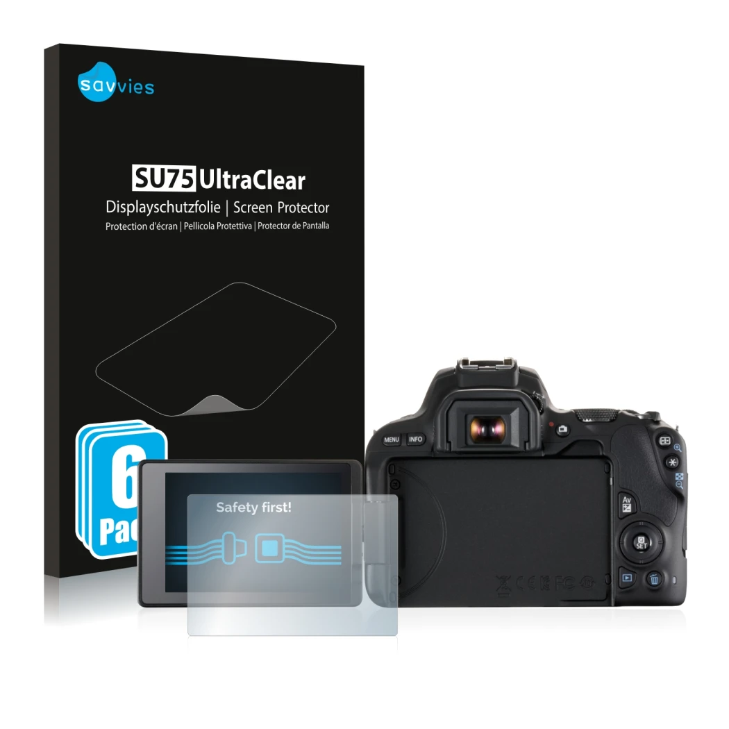 Front side of a product packaging with the brand logo Savvies. Next to it is the device Canon EOS 200D shown with the correspo