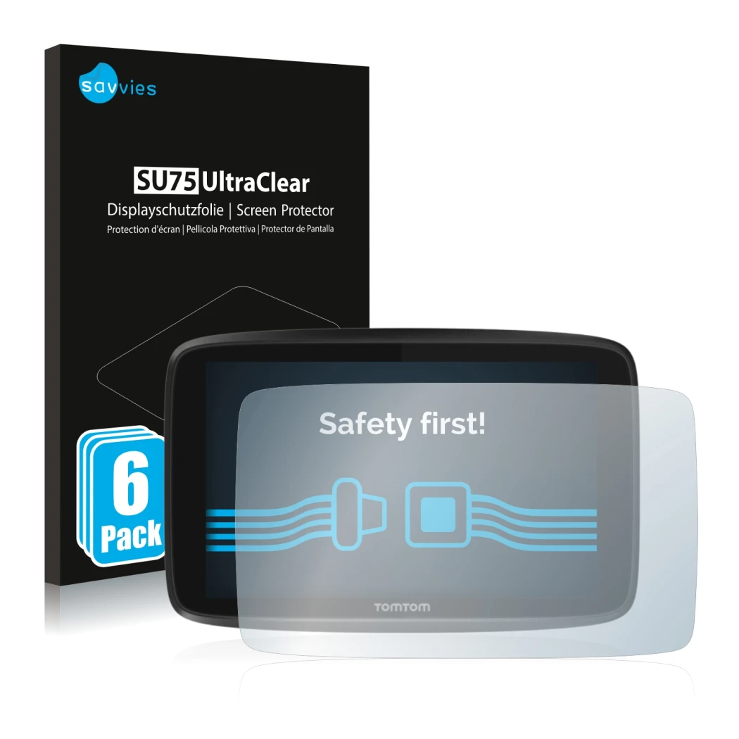 Front side of a product packaging with the brand logo Savvies. Next to it is the device TomTom GO 6250 shown with the correspo