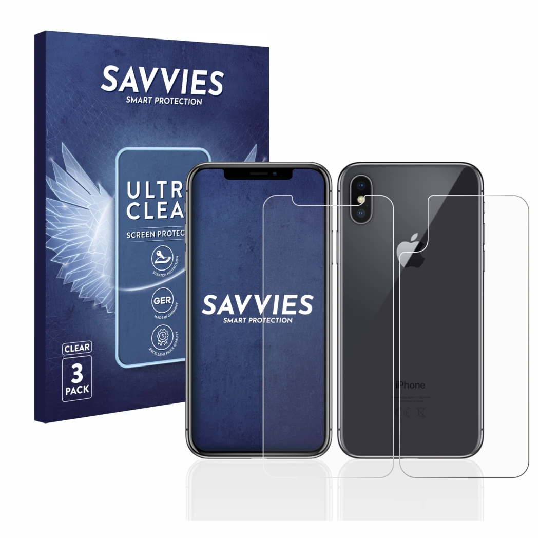Front side of a product packaging with the brand logo Savvies. Next to it is the device Apple iPhone X (Front+Back) shown with