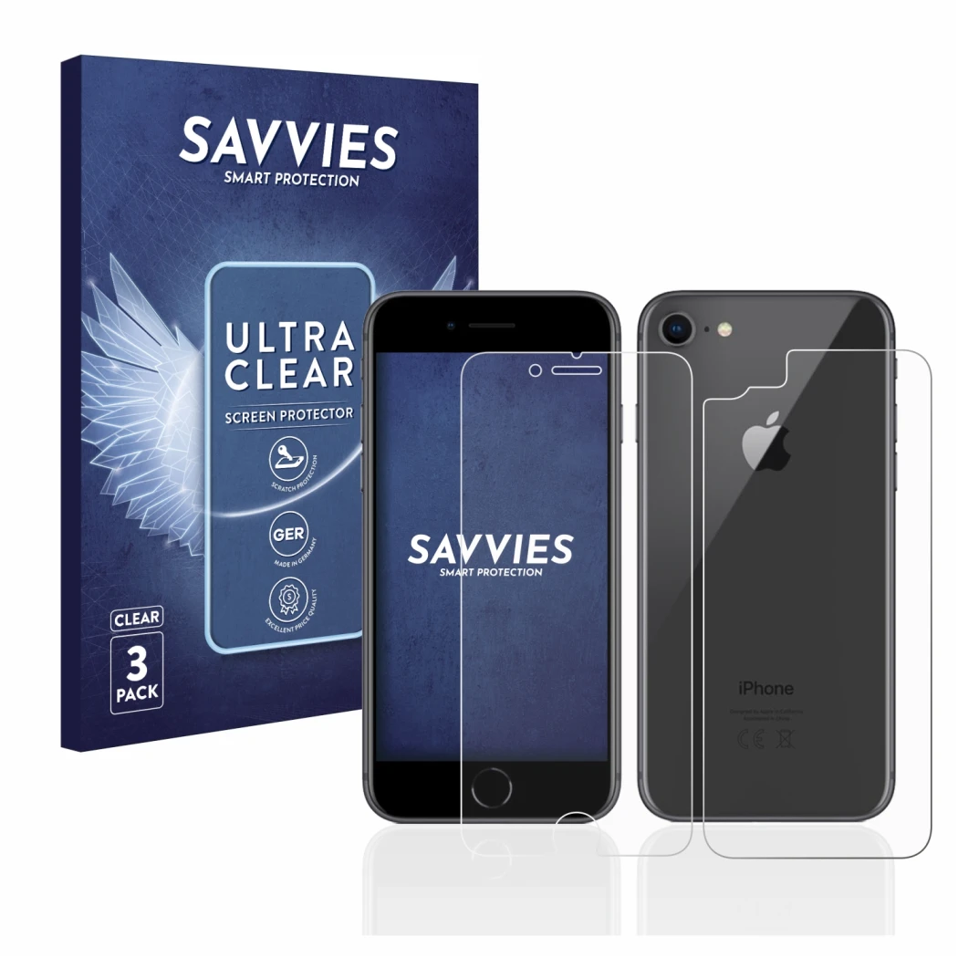 Front side of a product packaging with the brand logo Savvies. Next to it is the device Apple iPhone 8 (Front+Back) shown with