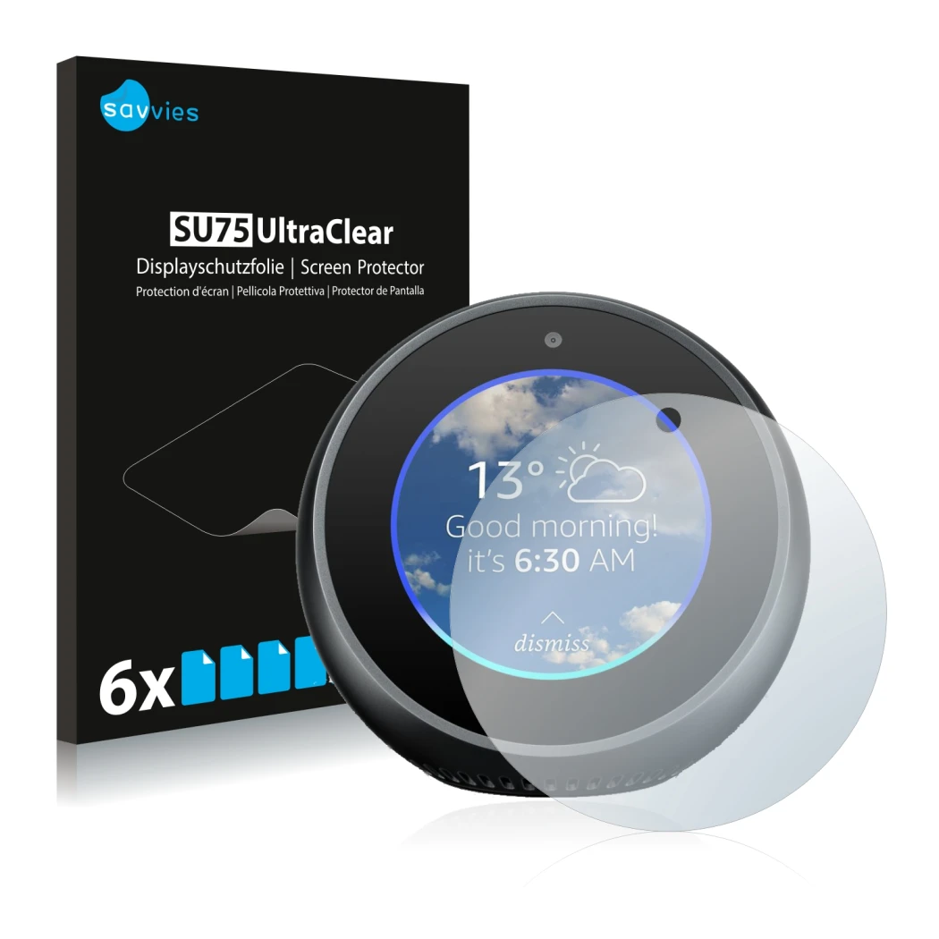 Front side of a product packaging with the brand logo Savvies. Next to it is the device Amazon Echo Spot shown with the corres