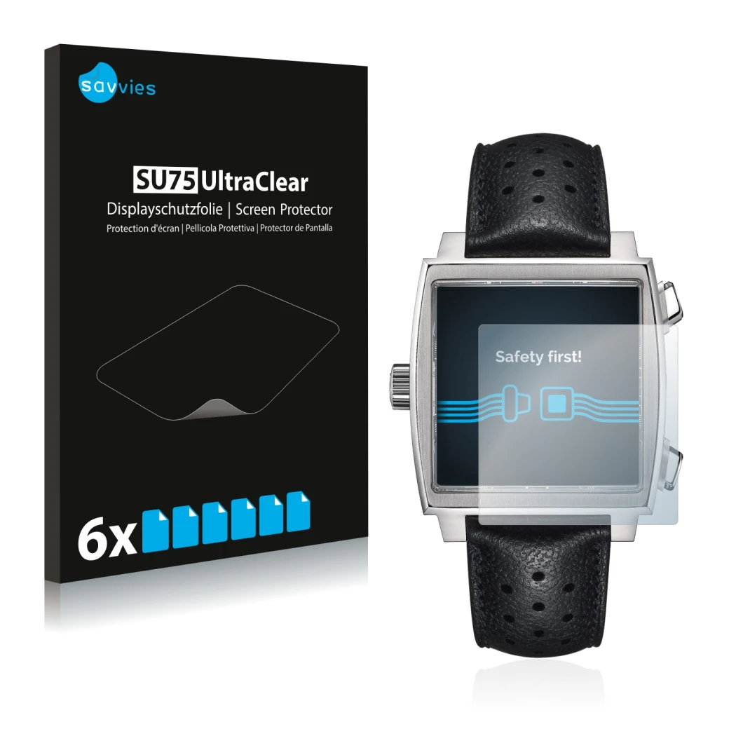 Front side of a product packaging with the brand logo Savvies. Next to it is the device TAG Heuer Monaco (39 mm) shown with th