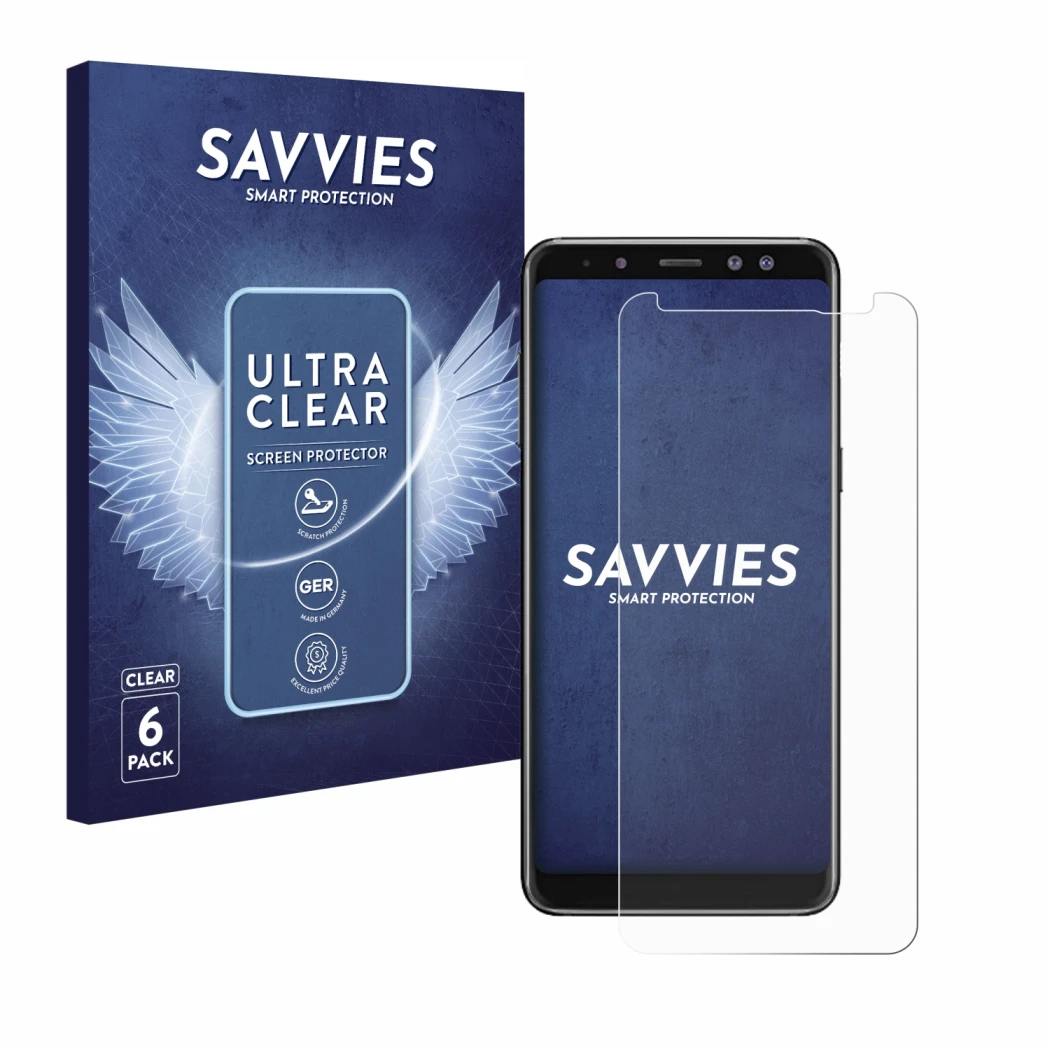Front side of a product packaging with the brand logo Savvies. Next to it is the device Samsung Galaxy A8 2018 shown with the 