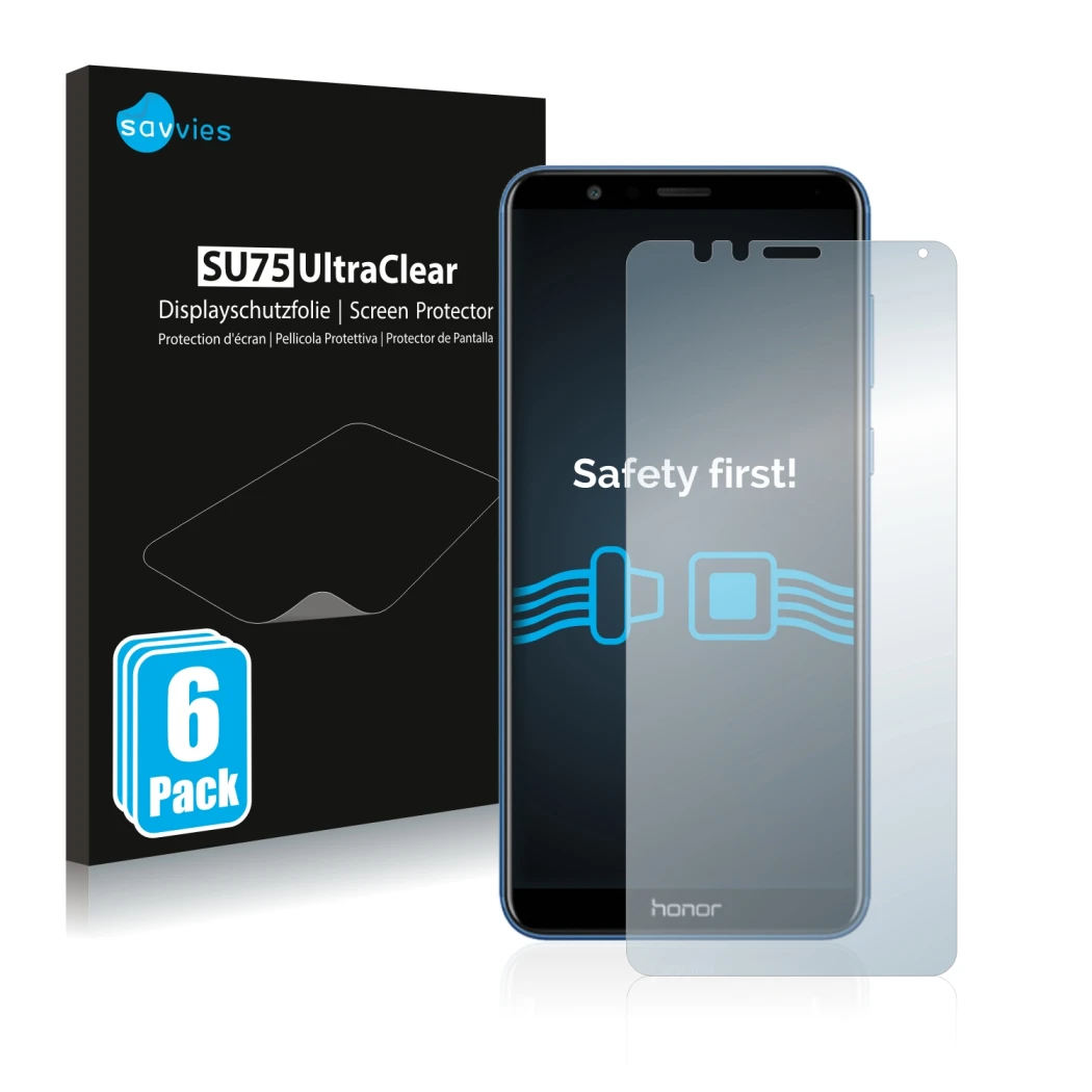 Front side of a product packaging with the brand logo Savvies. Next to it is the device Honor 7X shown with the corresponding 