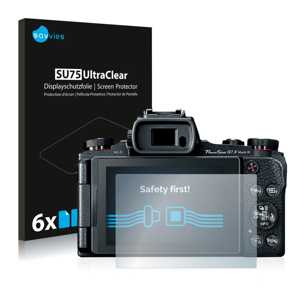 Front side of a product packaging with the brand logo Savvies. Next to it is the device Canon PowerShot G1 X Mark III shown wi