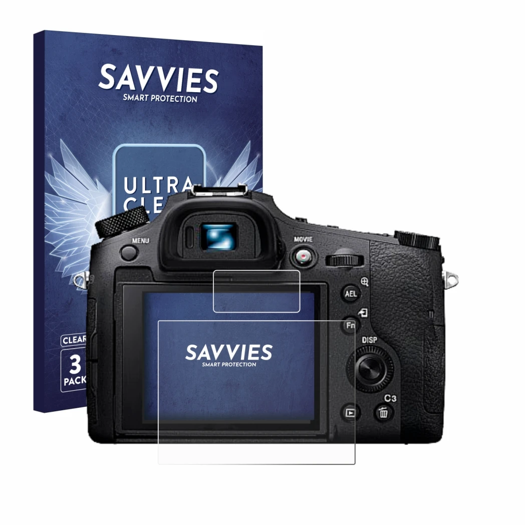 Front side of a product packaging with the brand logo Savvies. Next to it is the device Sony Cyber-Shot DSC-RX10 IV shown with