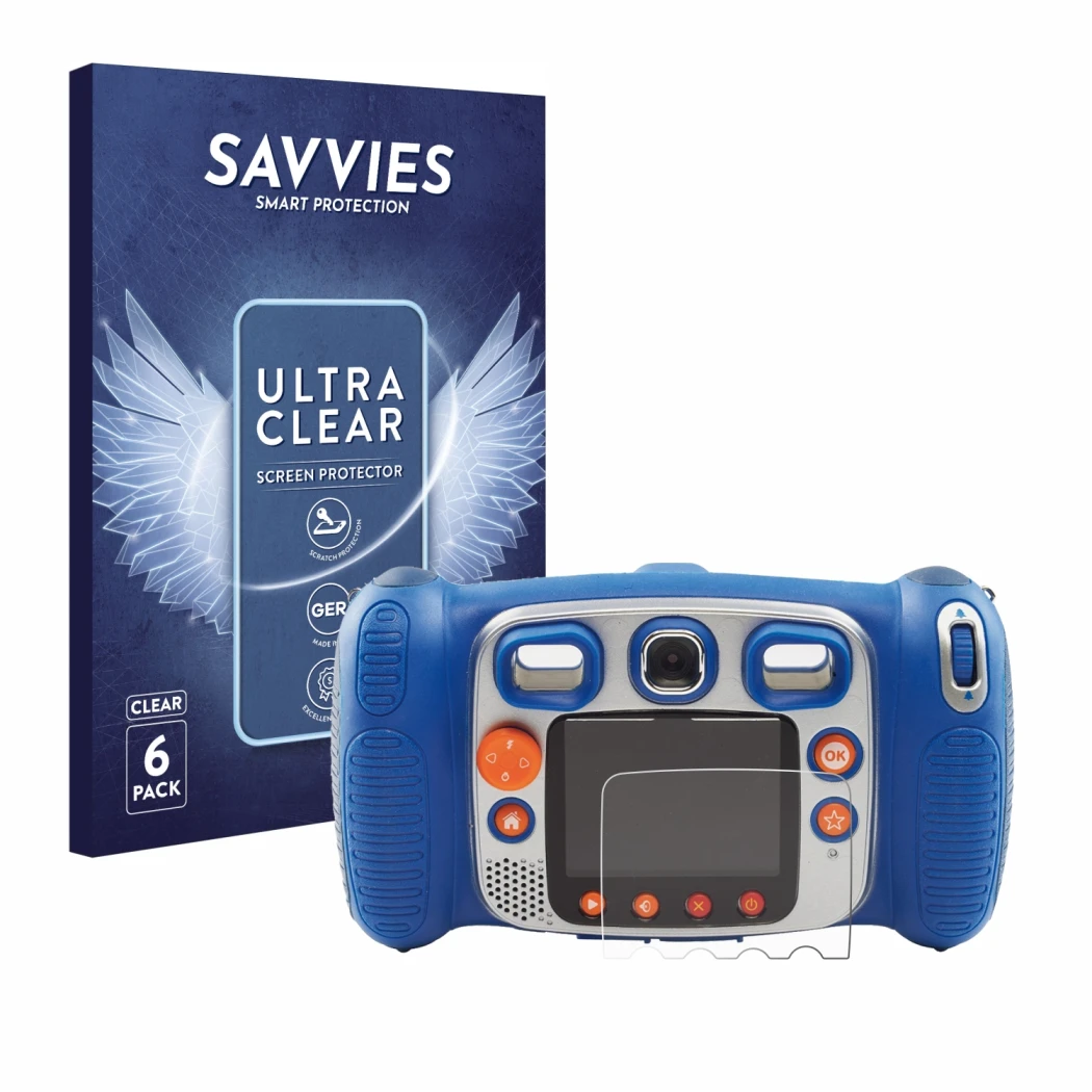 Front side of a product packaging with the brand logo Savvies. Next to it is the device Vtech Kidizoom Duo 5.0 shown with the 