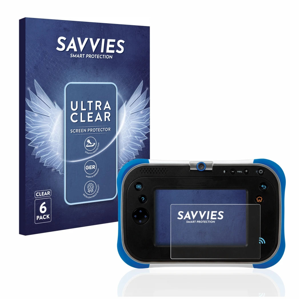 Front side of a product packaging with the brand logo Savvies. Next to it is the device Vtech Storio Max 2.0 shown with the co