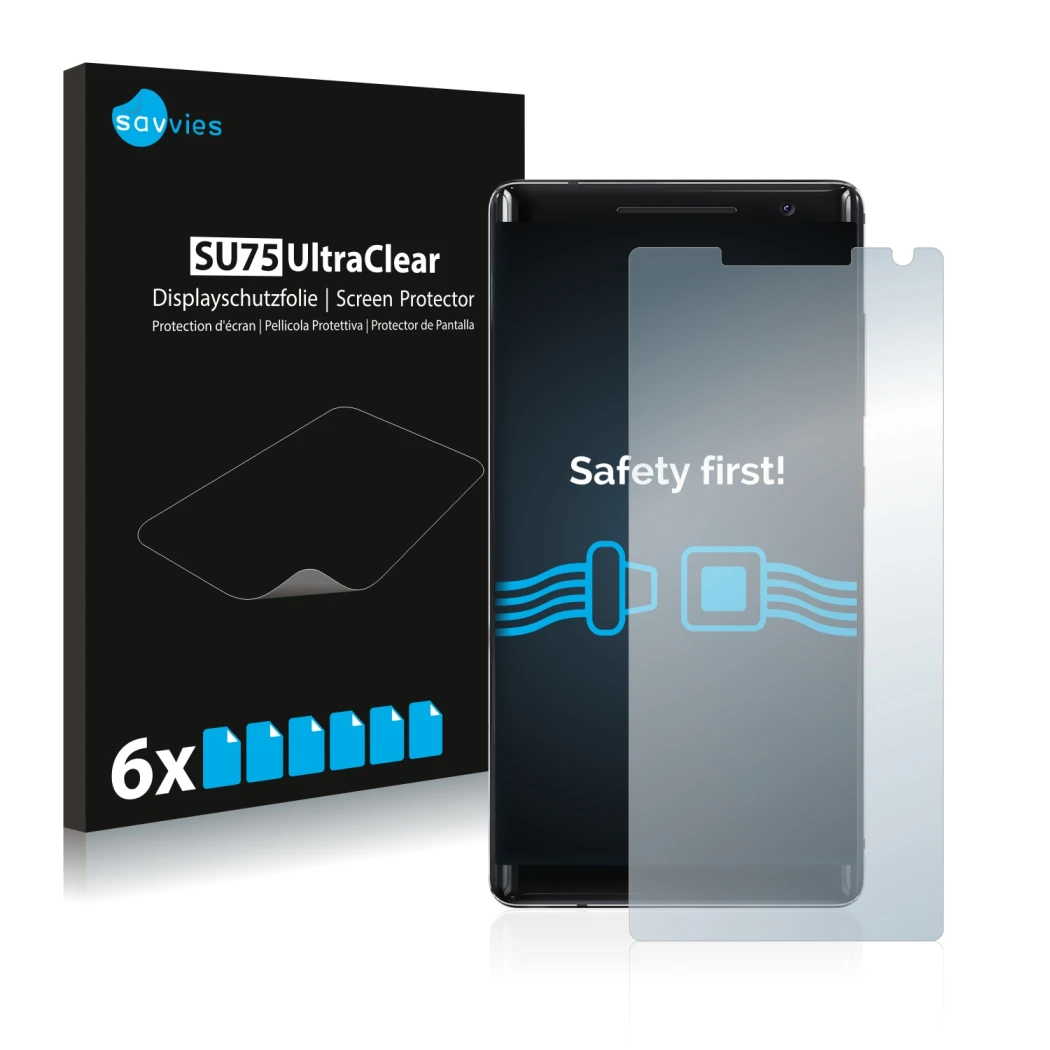 Front side of a product packaging with the brand logo Savvies. Next to it is the device Nokia 8 Sirocco shown with the corresp