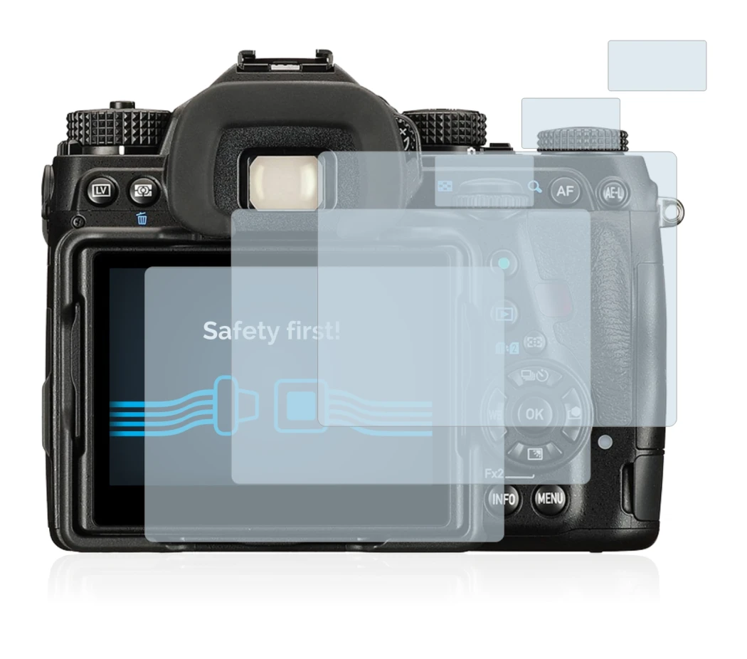 Image of the device Pentax K-1 Mark II with a wide variety of screen protectors.