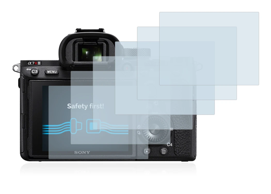 Image of the device Sony Alpha 7R III with a wide variety of screen protectors.