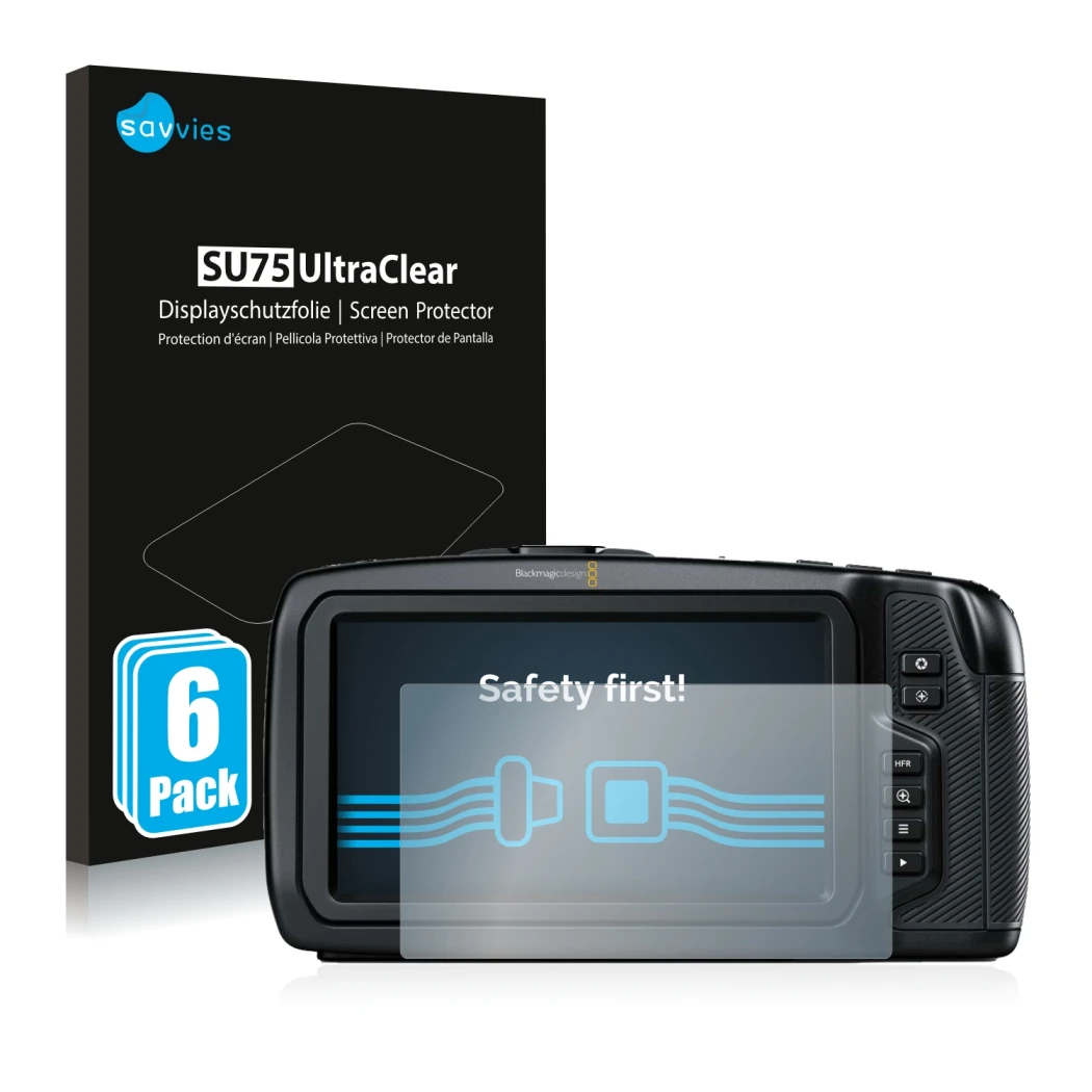 Front side of a product packaging with the brand logo Savvies. Next to it is the device Blackmagic Pocket Cinema Camera 4K sho