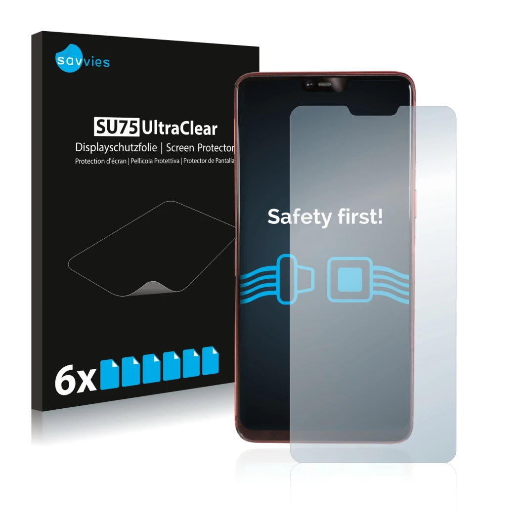 Front side of a product packaging with the brand logo Savvies. Next to it is the device Oppo R15 Pro shown with the correspond