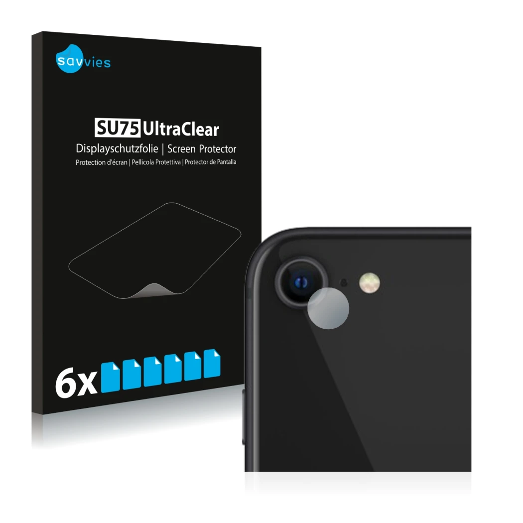 Front side of a product packaging with the brand logo Savvies. Next to it is the device Apple iPhone SE 2 2020 (ONLY Camera Le