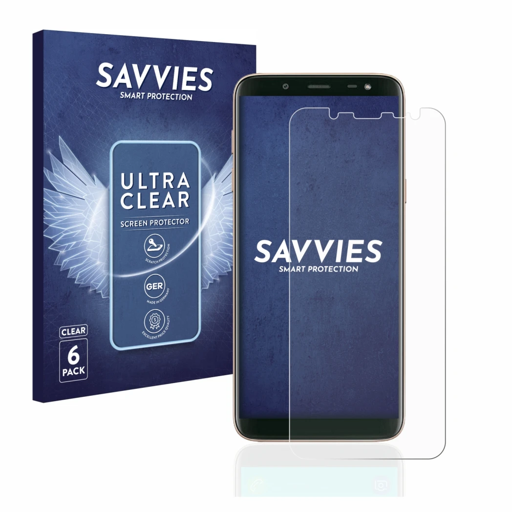 Front side of a product packaging with the brand logo Savvies. Next to it is the device Samsung Galaxy J6 2018 shown with the 