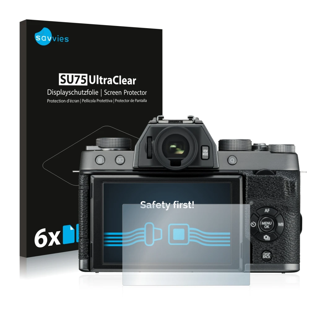 Front side of a product packaging with the brand logo Savvies. Next to it is the device Fujifilm X-T100 shown with the corresp