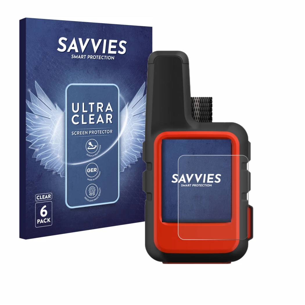 Front side of a product packaging with the brand logo Savvies. Next to it is the device Garmin inReach Mini shown with the cor