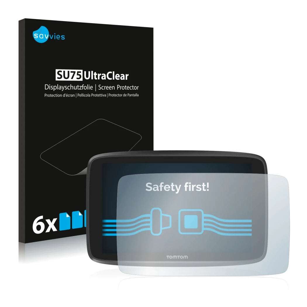 Front side of a product packaging with the brand logo Savvies. Next to it is the device TomTom GO Camper shown with the corres