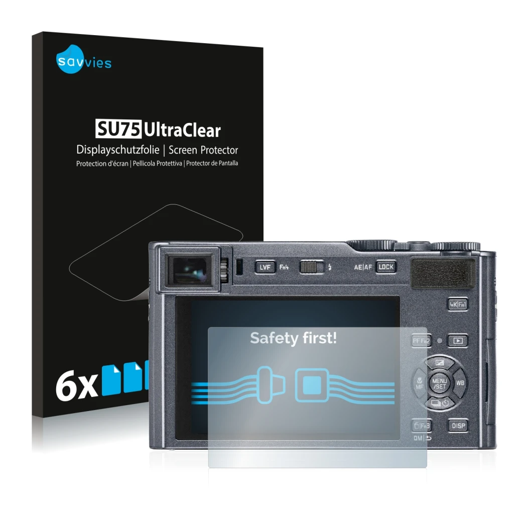 Front side of a product packaging with the brand logo Savvies. Next to it is the device Leica C-Lux shown with the correspondi