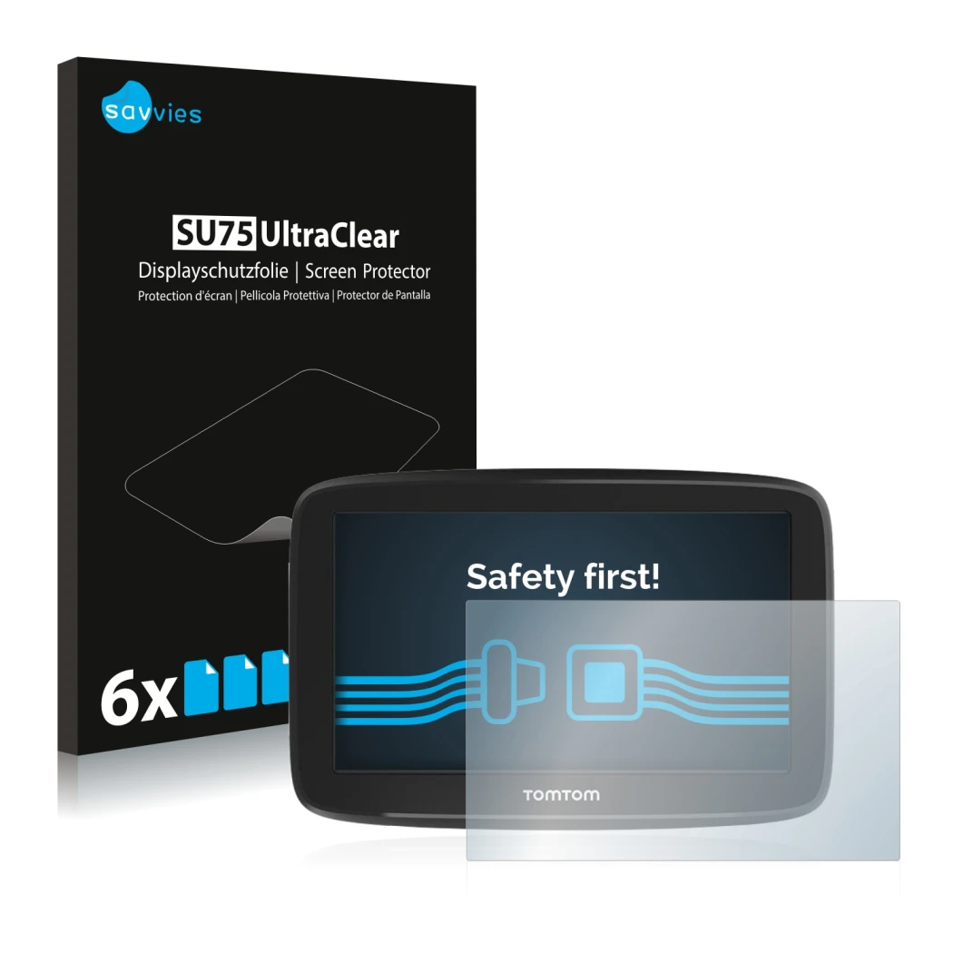 Front side of a product packaging with the brand logo Savvies. Next to it is the device TomTom GO Basic (6