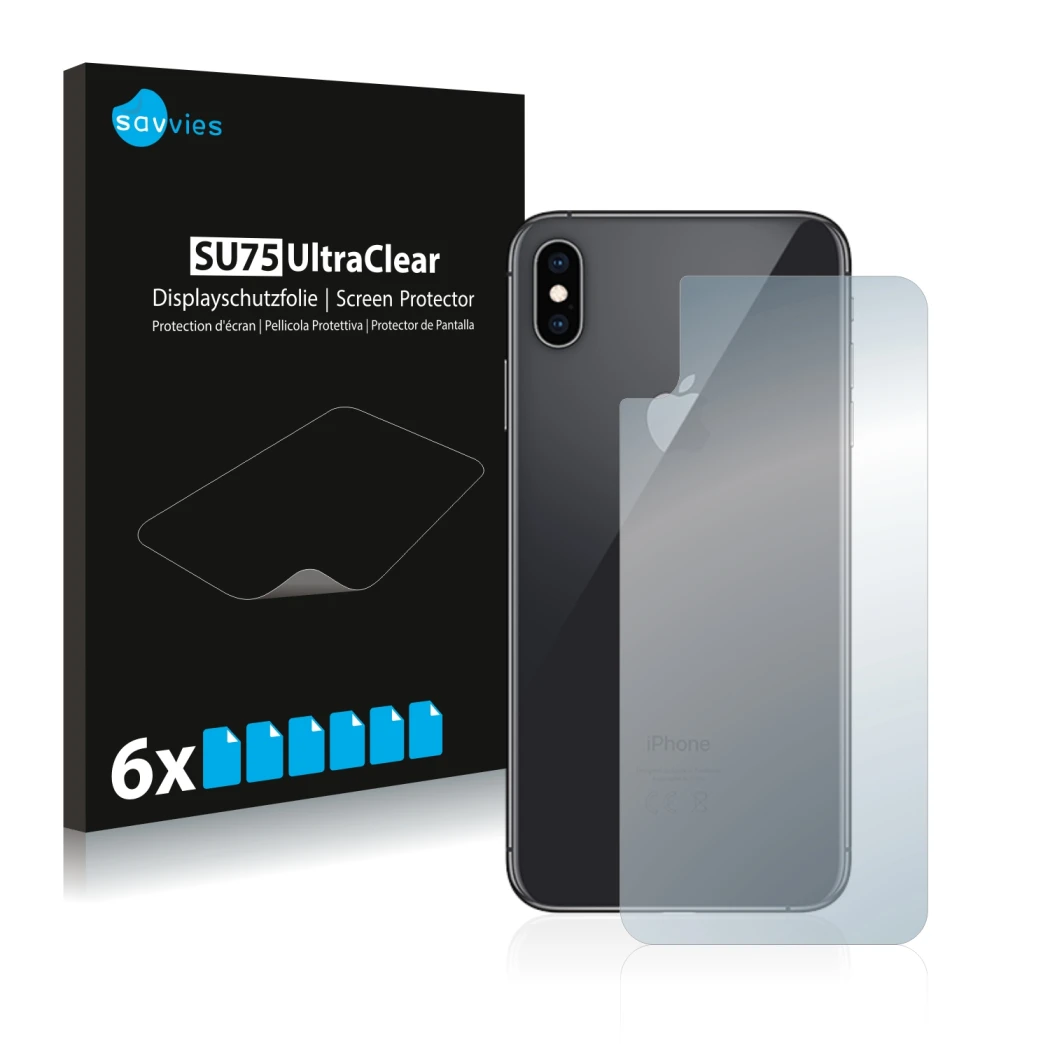Front side of a product packaging with the brand logo Savvies. Next to it is the device Apple iPhone Xs Max (Back) shown with 