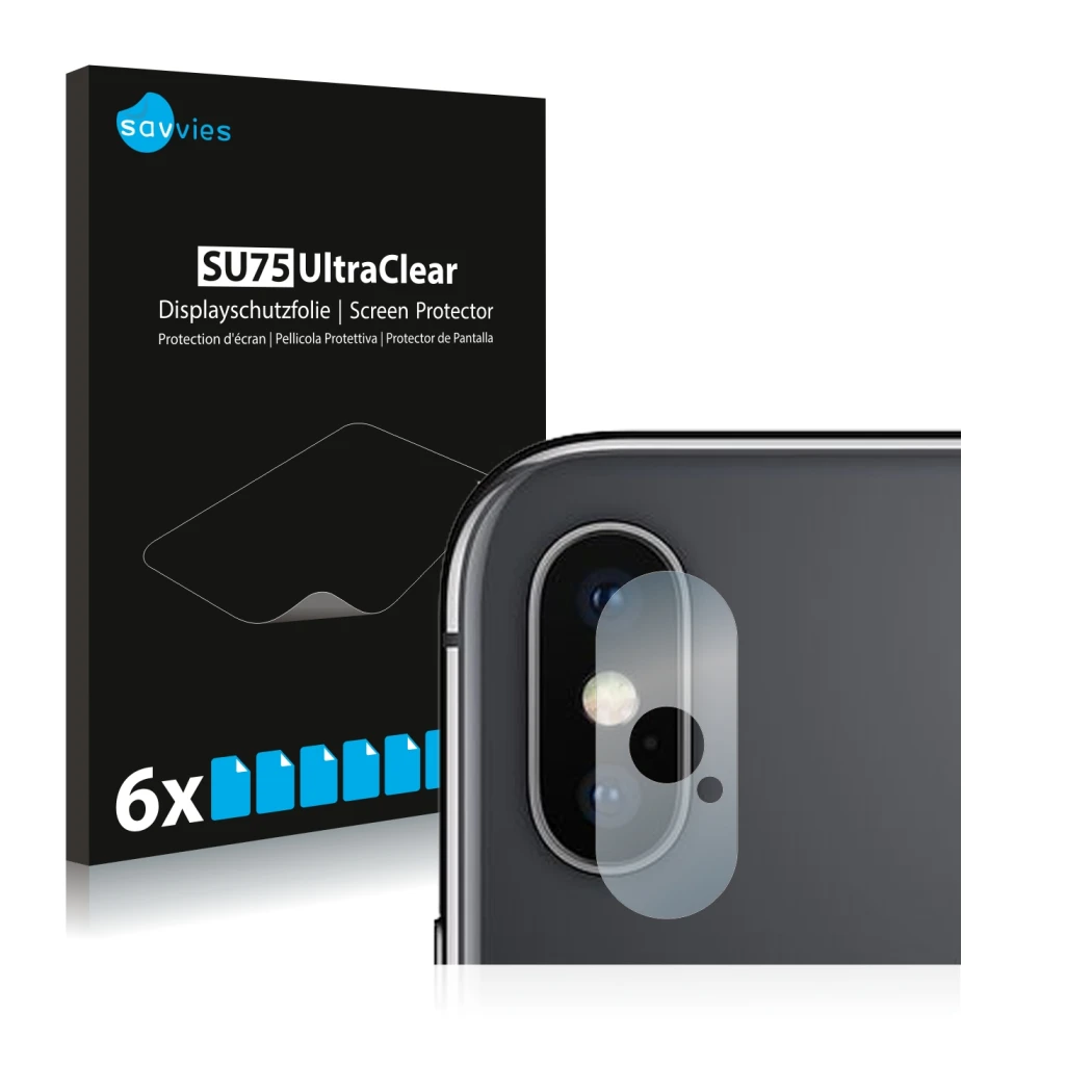 Front side of a product packaging with the brand logo Savvies. Next to it is the device Apple iPhone Xs Max (ONLY Camera Lens)