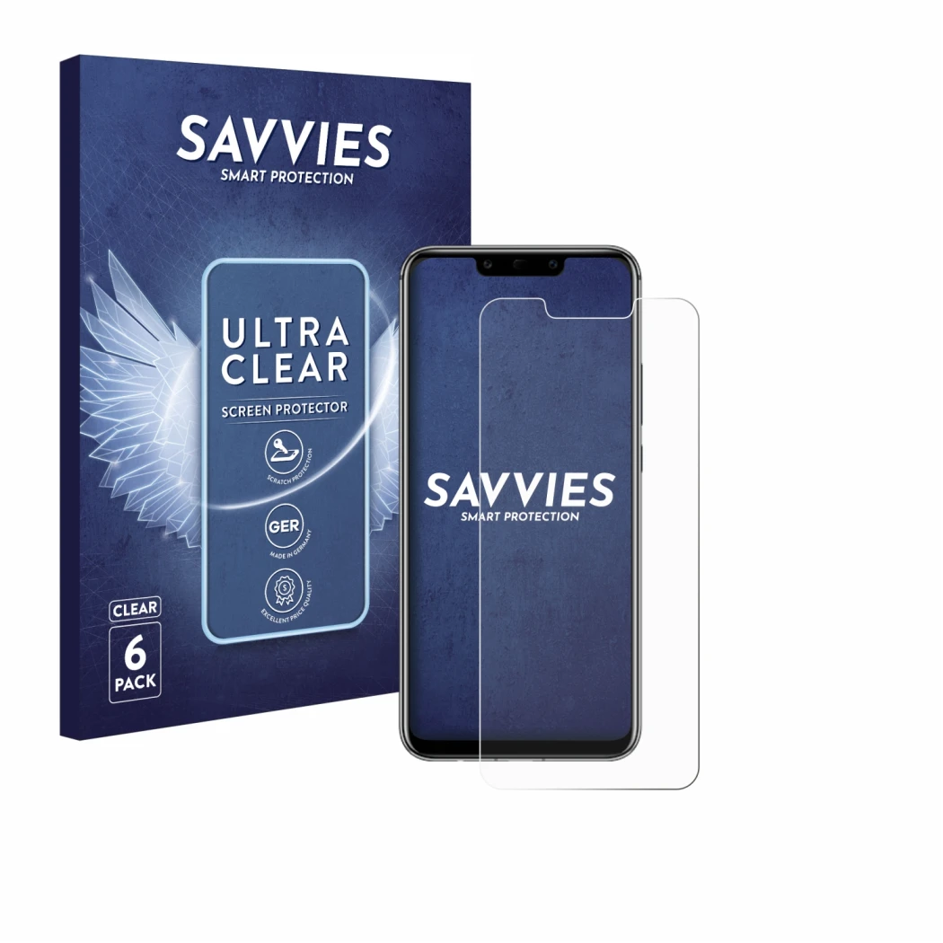 Front side of a product packaging with the brand logo Savvies. Next to it is the device Huawei Mate 20 lite shown with the cor