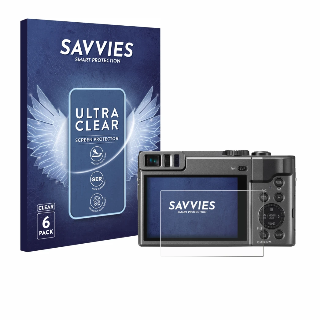 Front side of a product packaging with the brand logo Savvies. Next to it is the device Panasonic Lumix DC-TZ90 shown with the