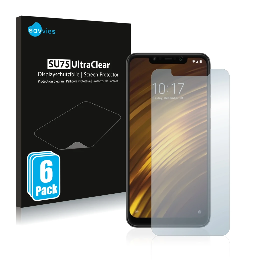 Front side of a product packaging with the brand logo Savvies. Next to it is the device Xiaomi Pocophone F1 shown with the cor
