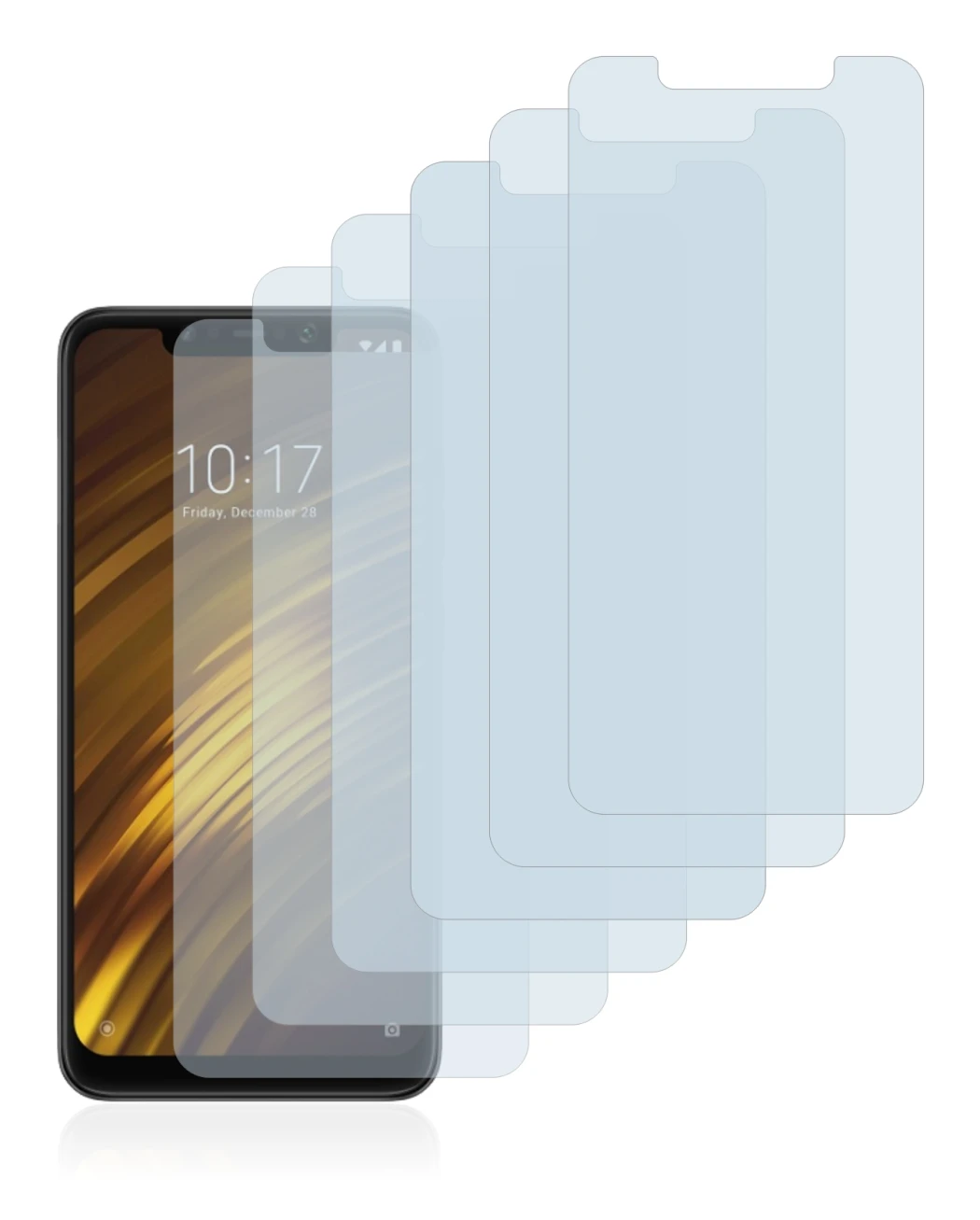 Image of the device Xiaomi Pocophone F1 with a wide variety of screen protectors.