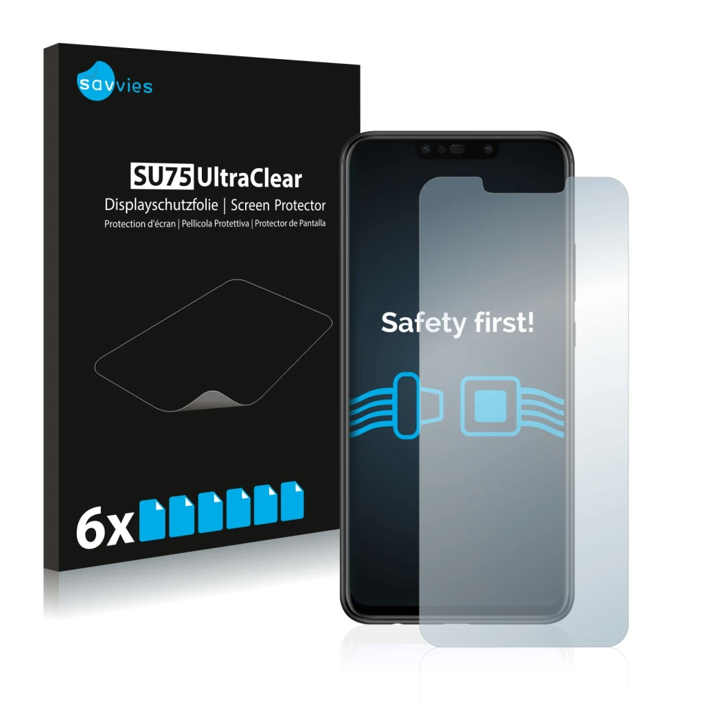 Front side of a product packaging with the brand logo Savvies. Next to it is the device Huawei P smart Plus 2018 shown with th