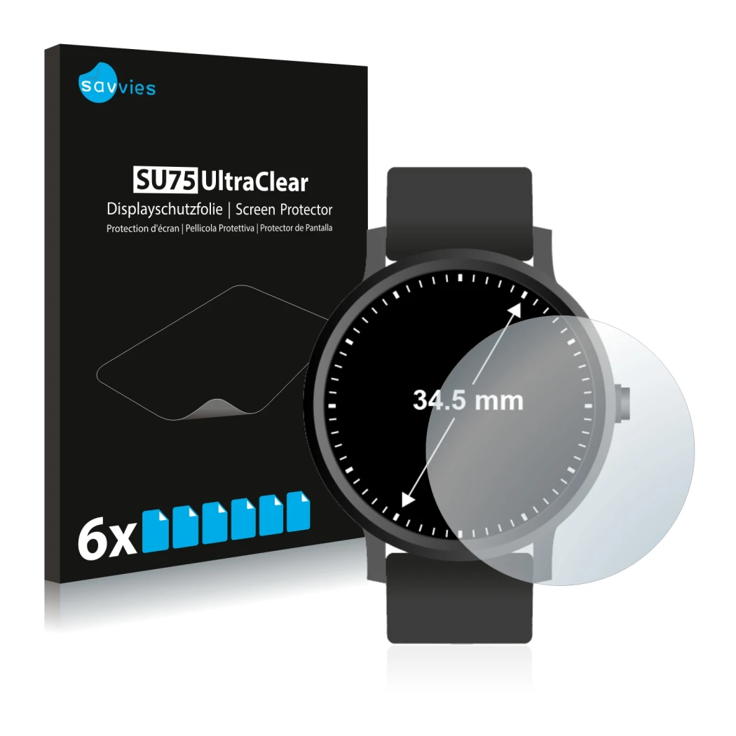 Front side of a product packaging with the brand logo Savvies. Next to it is the device Watches (Circular, ø: 34.5 mm) shown w