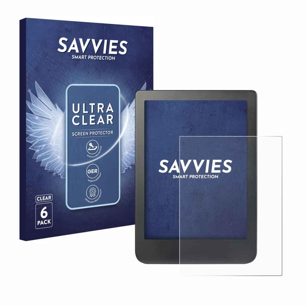 Front side of a product packaging with the brand logo Savvies. Next to it is the device Kobo Clara HD (6