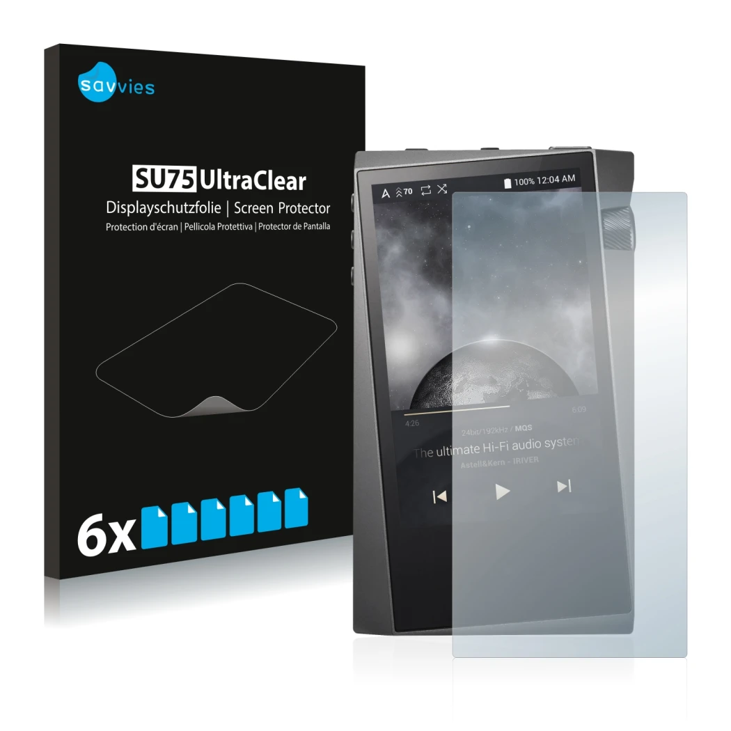 Front side of a product packaging with the brand logo Savvies. Next to it is the device Astell&Kern A&norma SR15 shown with th
