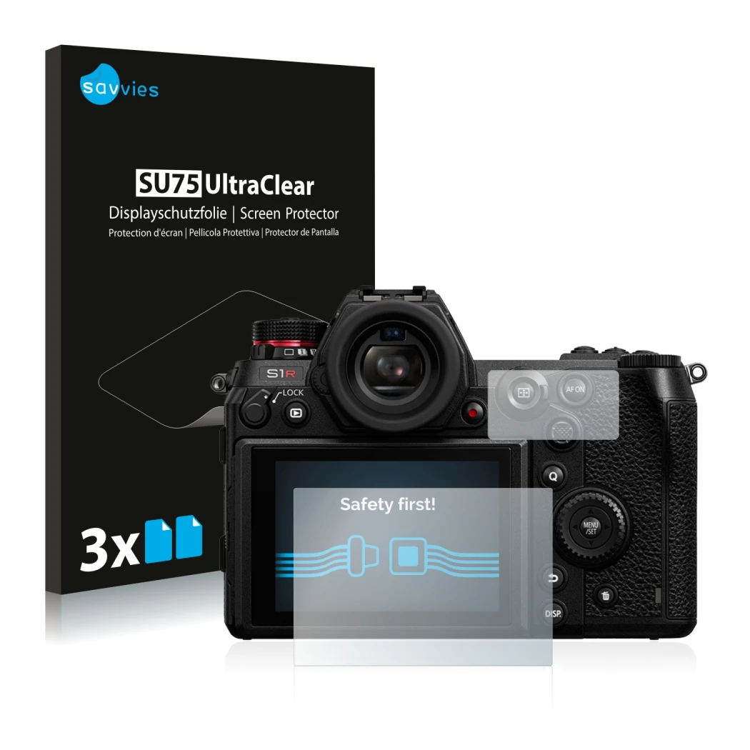Front side of a product packaging with the brand logo Savvies. Next to it is the device Panasonic Lumix DC-S1R shown with the 