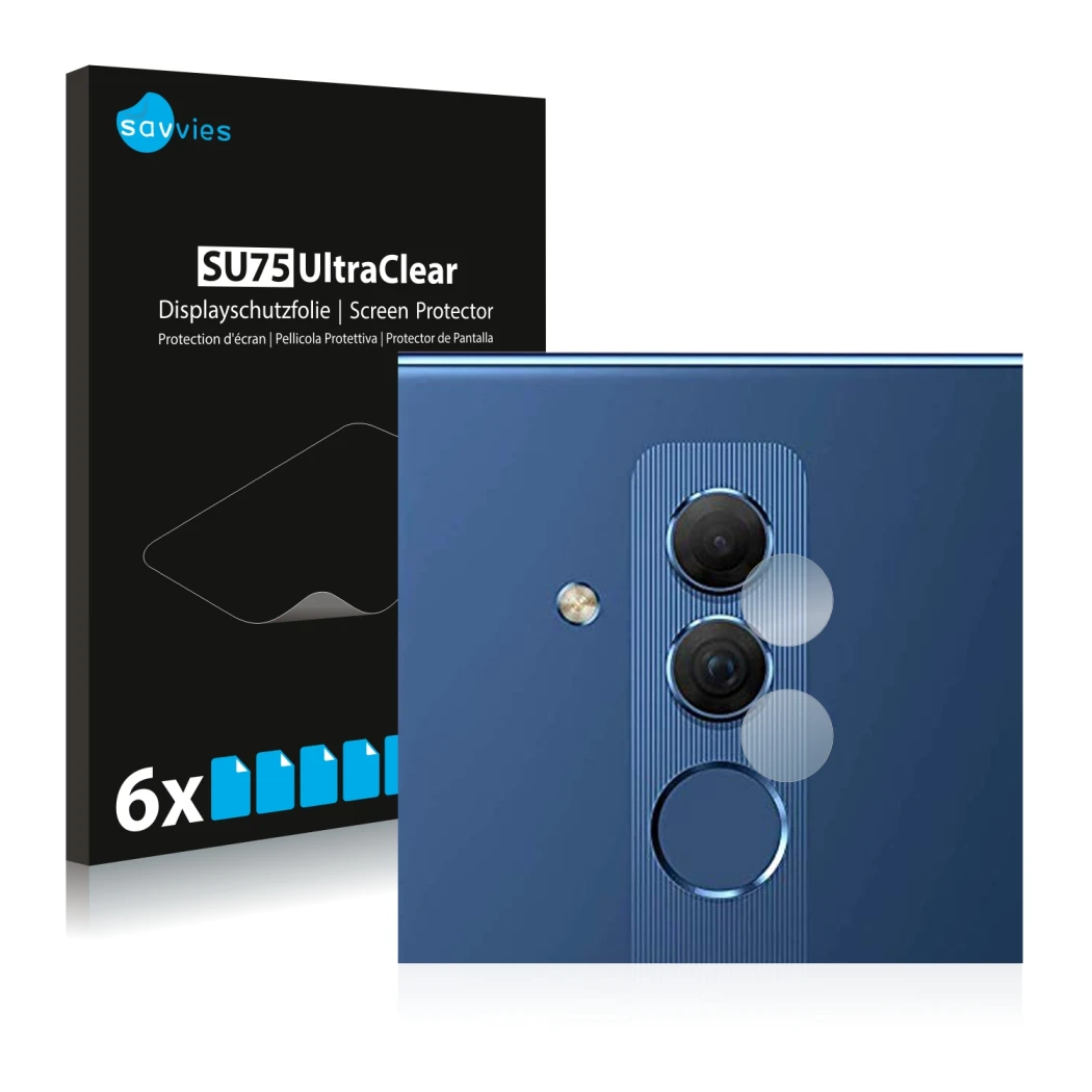 Front side of a product packaging with the brand logo Savvies. Next to it is the device Huawei Mate 20 lite (ONLY Camera Lens)