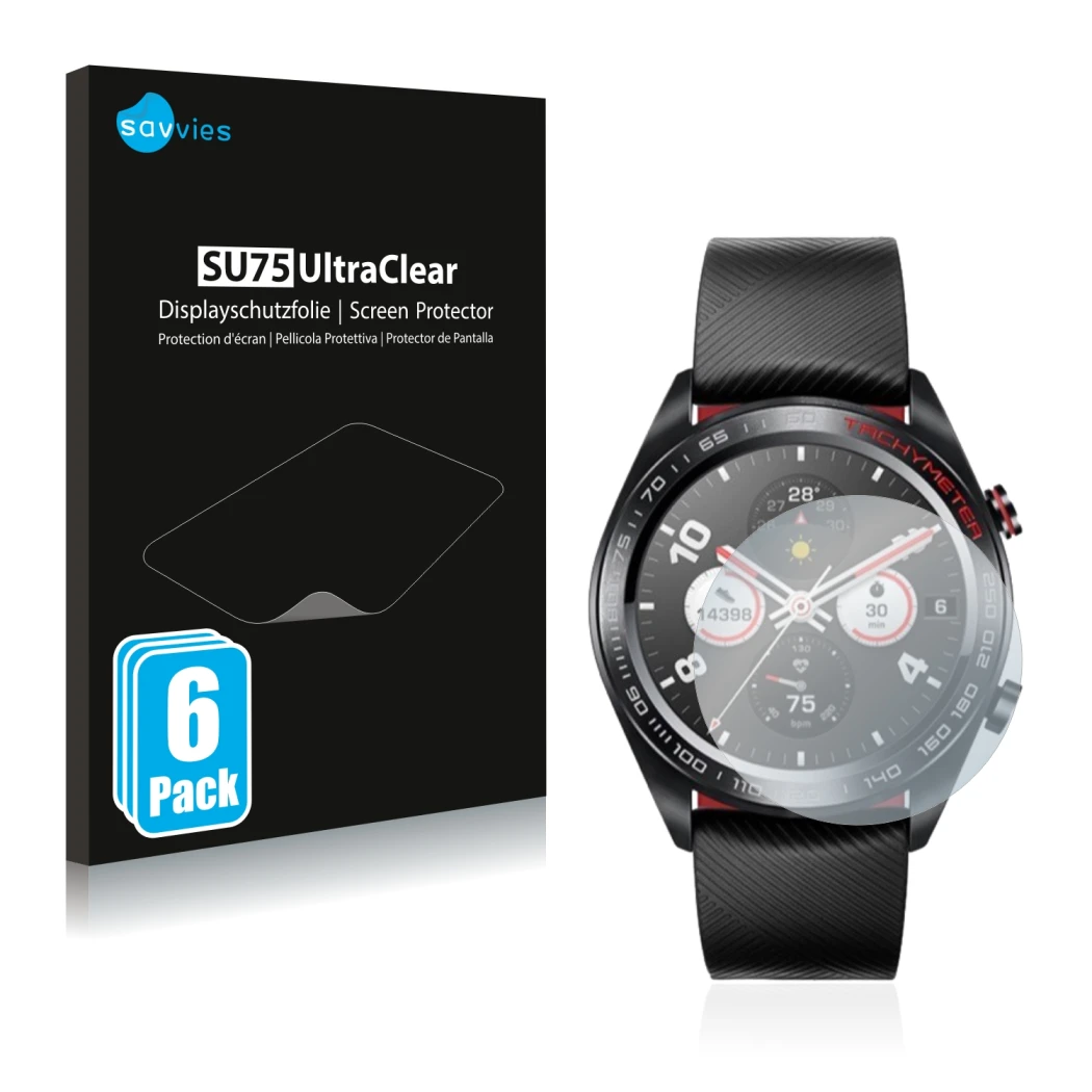 Front side of a product packaging with the brand logo Savvies. Next to it is the device Honor Watch Magic shown with the corre