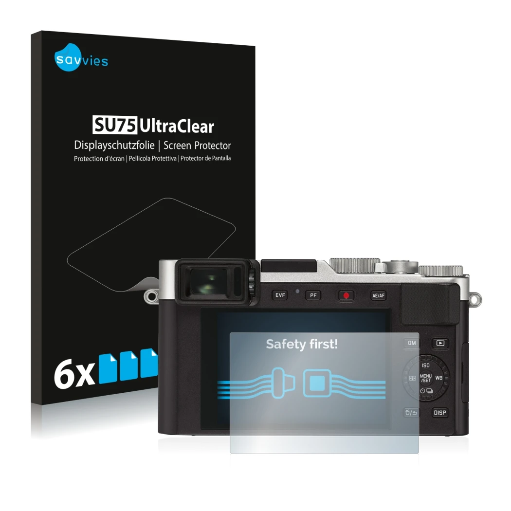 Front side of a product packaging with the brand logo Savvies. Next to it is the device Leica D-Lux 7 shown with the correspon