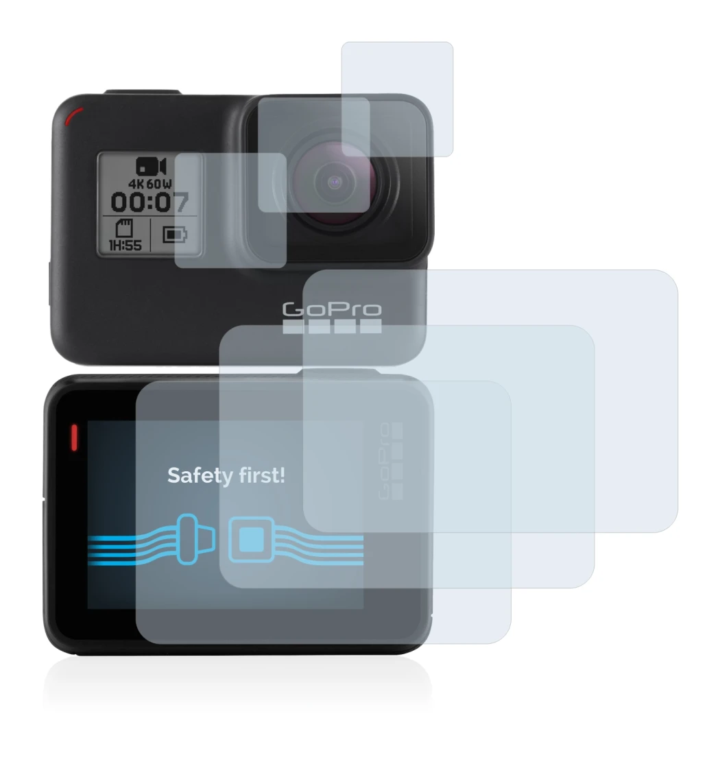 Image of the device GoPro Hero 7 Black with a wide variety of screen protectors.